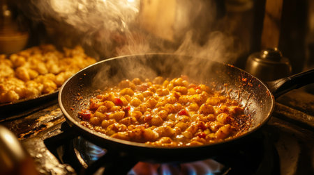 A close-up view of gnocchi cooking in a sizzling pan, enhanced with rich tomato sauce. Steam rises, creating a cozy and inviting atmosphere in the kitchen.の素材