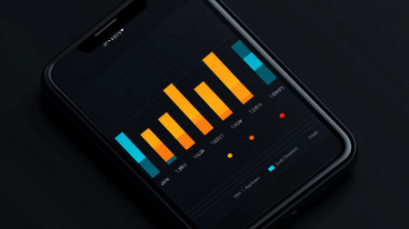 A modern smartphone showcases vibrant bar graphs and data visualizations against a dark background, perfect for illustrating business analytics and technological themes.の素材