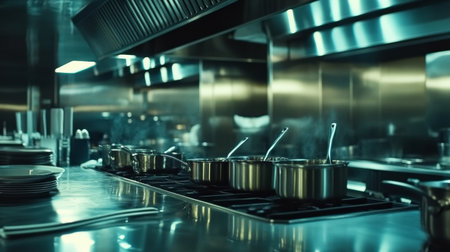A well-equipped professional kitchen featuring stainless steel pots on stovetop. Steam rises, showcasing a vibrant culinary environment perfect for chefs and food enthusiasts.の素材