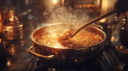 A cozy kitchen captures a wonderful cooking moment with steam rising from a simmering stew in a pot. The wooden spoon stirs ingredients for a warm, inviting meal.の素材