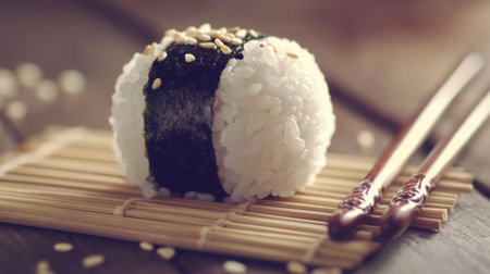 A beautifully crafted sushi roll sits on a bamboo mat, garnished with sesame seeds and flanked by wooden chopsticks, embodying traditional Japanese culinary art.の素材