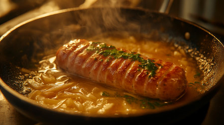 A succulent sausage cooks in a skillet accompanied by onions and herbs, creating a rich aroma and inviting atmosphere perfect for food lovers and culinary enthusiasts.の素材