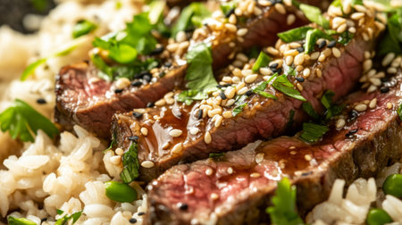 A mouthwatering close-up of perfectly grilled steak slices served over fluffy rice, topped with fresh herbs and sesame seeds, creating a savory and flavorful dish.の素材