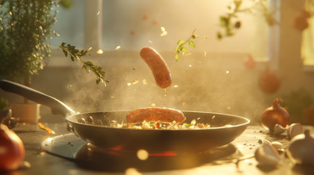 Experience the art of cooking with this captivating scene showcasing sausages sizzling in a pan, surrounded by fresh, vibrant ingredients and infused with warm, natural light.の素材
