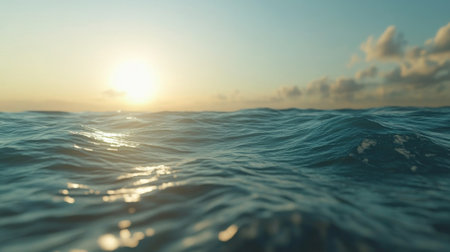 Immerse yourself in the tranquillity of a sunset over gentle ocean waves, where golden light dances on the water, creating a serene and peaceful atmosphere perfect for relaxation.の素材
