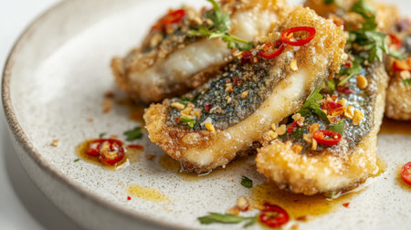 Enjoy this close-up view of crispy fried fish fillets garnished with fresh herbs, red chili, and crushed peanuts, showcasing a vibrant seafood dish perfect for culinary enthusiasts.の素材