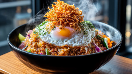 A visually stunning bowl of fried rice topped with a perfectly cooked fried egg and crispy shallots, surrounded by colorful vegetables, creating an enticing dining experience.の素材