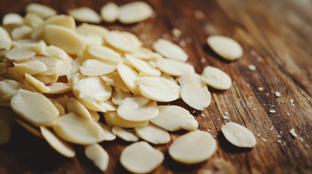 A close-up view of sliced almonds scattered on a rustic wooden surface, showcasing natural textures and inviting tones, ideal for culinary and health-themed visuals.の素材