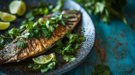 A beautifully arranged plate featuring grilled fish topped with fresh cilantro and lime, showcasing vibrant colors and textures perfect for culinary art and dining inspiration.の素材