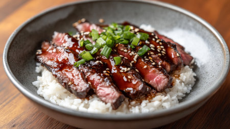 A visually striking dish featuring grilled steak slices atop fluffy white rice, drizzled with soy sauce, topped with sesame seeds and fresh green onions for an appetizing appeal.の素材