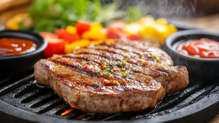 A mouthwatering grilled steak served on a hot plate accompanied by colorful vegetables and rich sauces, depicting an enticing culinary experience.の素材