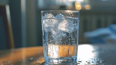 A captivating image of a glass filled with sparkling water and ice cubes, showcasing droplets and bubbles, perfect for promoting refreshing beverages in a cozy setting.の素材