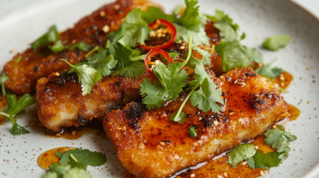 A visually appealing dish featuring crispy pan-seared fish fillets, topped with vibrant cilantro and sliced chili, served on a textured plate and drizzled with flavorful sauce.の素材