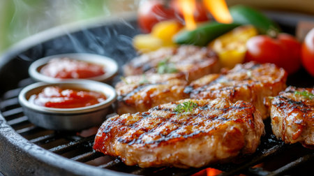 Experience the mouthwatering sight of grilled pork chops garnished with herbs, vibrant vegetables, and sauces, perfect for any summer barbecue gathering.の素材