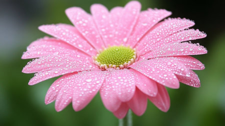This stunning close-up image features a pink daisy flower adorned with water droplets, showcasing the intricate details and vibrant colors of nature's beauty.の素材