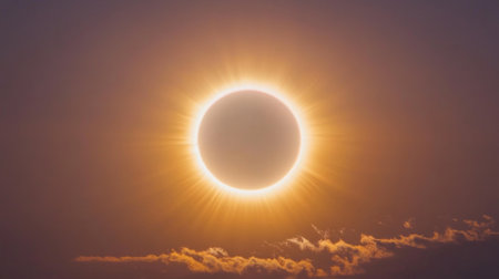 Experience the awe of a solar eclipse with brilliant sunlight radiating around the dark orb, creating a breathtaking view and a serene atmosphere in the twilight sky.の素材