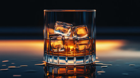 A stunning close-up of a crystal glass showcasing golden whiskey with ice cubes, illuminated by a warm glow, perfect for evoking luxury and relaxation in any setting.の素材