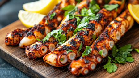 Savory grilled octopus tentacles garnished with fresh herbs and lemon slices, beautifully arranged on a wooden board, perfect for food photography and culinary delights.の素材