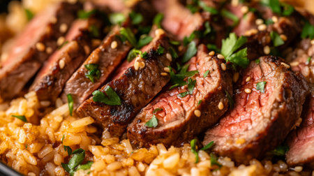 Juicy sliced beef tenderloin rests on a bed of fluffy rice, enhanced with fresh herbs and sesame seeds, capturing the essence of gourmet cuisine in every bite.の素材