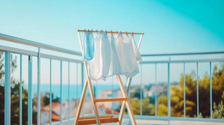 Bright and serene scene featuring a clothesline with freshly washed white clothes on a balcony overlooking the ocean, perfect for home and lifestyle inspiration.の素材