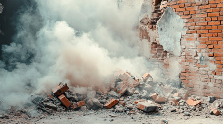 This image captures the aftermath of destruction featuring a wall with exposed bricks, smoke, and scattered debris, creating a haunting and dramatic scene.の素材