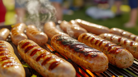 Enjoy the enticing sight of juicy sausages sizzling on a barbecue grill, releasing mouthwatering aromas, ideal for summer gatherings and outdoor feasts with friends.の素材