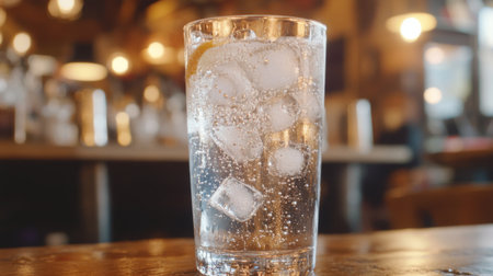 A refreshing glass of sparkling water filled with ice cubes, placed on a wooden table. The scene captures a cozy ambiance, perfect for relaxation and enjoyment.の素材