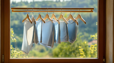 Light blue garments hang gracefully on wooden hangers by a window, bringing a serene touch to the indoor space, with lush greenery softly blurred in the background.の素材