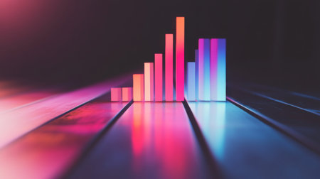 A striking visualization of a colorful bar graph illuminated by neon lighting against a dark backdrop, symbolizing growth and financial success in modern business analytics.の素材