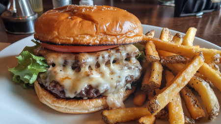 Indulge in a mouthwatering cheeseburger topped with melted cheese, fresh lettuce, and ripe tomato, served with crispy fries, perfect for any meal.の素材