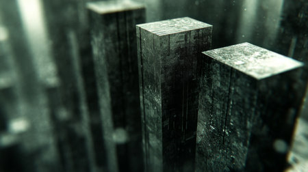 This image features towering blocks in a textured, monochromatic style, creating a captivating urban landscape with depth and mystery, perfect for modern design concepts.の素材