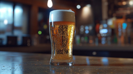 A closeup view of a beautifully served glass of beer with a creamy foam top, showcasing bubbles and a golden hue in a lively bar setting. Perfect for social occasions.の素材