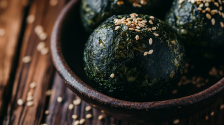 Close-up of rice balls wrapped in seaweed and topped with sesame seeds, placed in a wooden bowl on a rustic table, showcasing a healthy and flavorful snack option.の素材