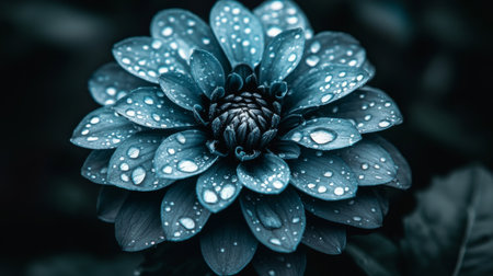 A stunning close-up view of a blue flower adorned with sparkling dew droplets, capturing the intricate details and natural beauty in a tranquil setting. Perfect for nature lovers.の素材