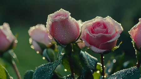 Beautiful pink roses adorned with glistening dew drops create a stunning visual in a serene garden, celebrating the fresh beauty of nature in the morning light.の素材