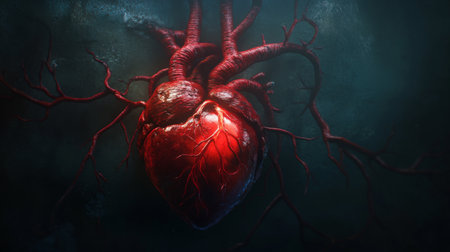 This striking illustration features a realistic heart with intricate veins and a vibrant red color, symbolizing life and emotion against a dark background.の素材