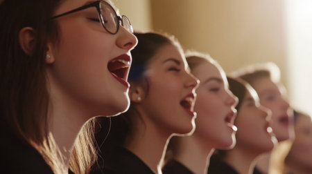 A group of young girls passionately singing in unison, showcasing their vocal talent and enthusiasm in a beautifully lit environment, capturing the essence of community through music.の素材