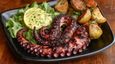 Enjoy a visually stunning grilled octopus dish, served with roasted potatoes, lemon wedge, and garlic butter sauce on a bed of fresh greens for a delightful meal.の素材