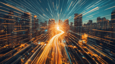 Stunning urban scene capturing the vibrant energy of a bustling city at night, highlighted by mesmerizing light trails and a dynamic array of skyscrapers.の素材