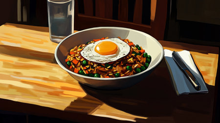 A vibrant vegetable rice bowl topped with a perfectly fried egg sits on a wooden table, capturing an inviting and appetizing dining experience in natural light.の素材