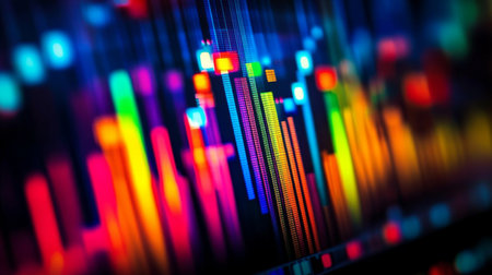 A vivid and colorful abstract visualization featuring an audio waveform display that represents music and sound, perfect for technology or background use.の素材