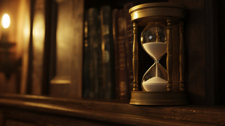 A beautifully crafted hourglass filled with white sand rests on a wooden shelf, complemented by vintage books in an inviting library setting, perfect for evoking nostalgia.の素材