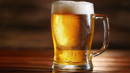 A chilled glass of beer with a rich golden color and fluffy foam sits on a rustic wooden table, evoking feelings of relaxation and enjoyment during moments of celebration.の素材
