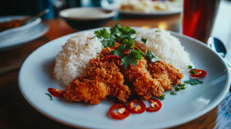 This enticing image showcases crispy fried chicken placed on fluffy rice, beautifully garnished with fresh herbs and red chilies, perfect for any food lover.の素材