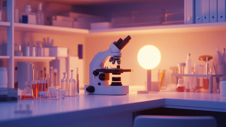 A modern laboratory setup featuring a microscope, glassware, and ambient lighting, perfect for scientific exploration and education. Ideal for research visuals.の素材