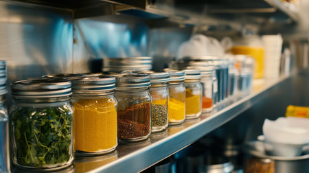 A colorful assortment of spices and herbs neatly arranged in glass jars on a modern kitchen shelf, ideal for enhancing flavors in cooking or for food photography inspiration.の素材