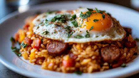 A vibrant plate showcasing rice with sausage, vegetables, and a delightful sunny-side up egg, topped with fresh herbs, ideal for any mealtime setting.の素材