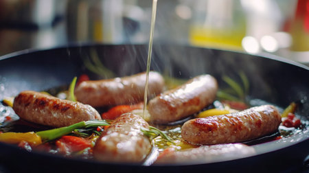 A tantalizing view of sausages sizzling in olive oil surrounded by fresh vegetables, capturing the essence of a vibrant kitchen and appetizing culinary delights.の素材