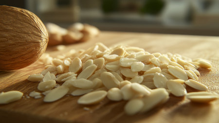 Detailed close-up of scattered almond slices with whole almonds on a wooden surface, captured in a modern kitchen with soft natural light, perfect for healthy recipes and snacks.の素材