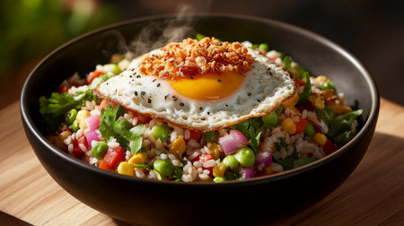 A beautifully arranged stir-fried rice bowl topped with a sunny-side-up egg and garnished with colorful vegetables, showcasing vibrant textures and delightful flavors.の素材
